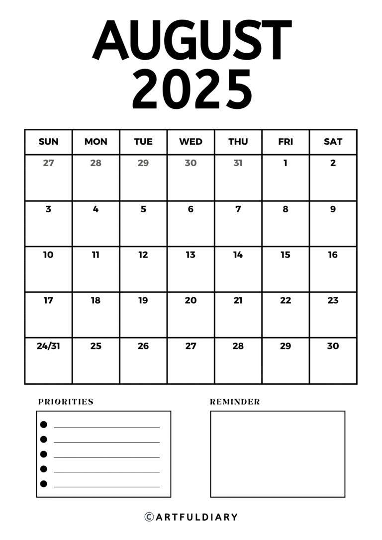 10+ Free August 2025 Printable Calendar PDFs